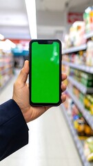 Hand holding a green screen smartphone, aisle blurred, bright