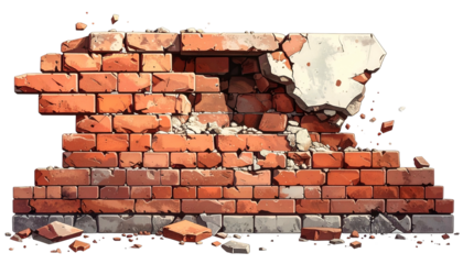Cartoonish brick wall partially collapsed, revealing interior and debris