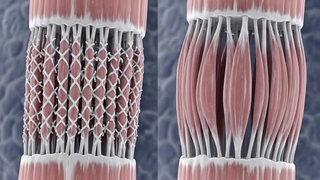 Detailed microscopic view of contracting muscle fibers and connective tissue
