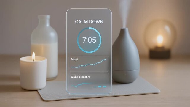Calm down timer mood tracking audio emotion graph aromatherapy diffuser lit candle relaxation minimalist design soft lighting wellness stress relief home decor modern technology ambient light