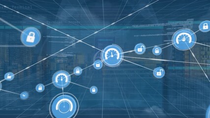 Animation of speedometer icons connecting with lines against hacker, data, 6g and cityscape - Powered by Adobe