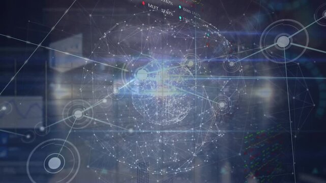 Animation of connections, globe and data on navy space
