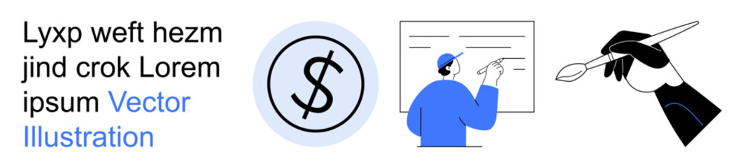 Obraz premium Business strategy, financial management, creativity, education, teaching, design skills. Dollar sign in a circle, person pointing at a presentation hand holding pencil. Financial management