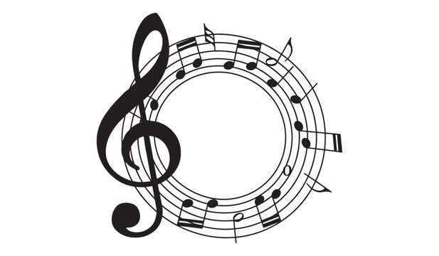 Black treble clef and musical notes on white background