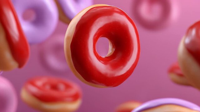 Red glazed donut sweet dessert pastry baked food round shape pink background floating donuts glossy icing sugar glaze treat snack bakery colorful circular pastry vibrant appetizing scene with smooth