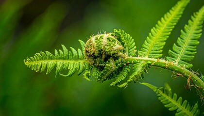 Curled fern frond, bright green against blurred background