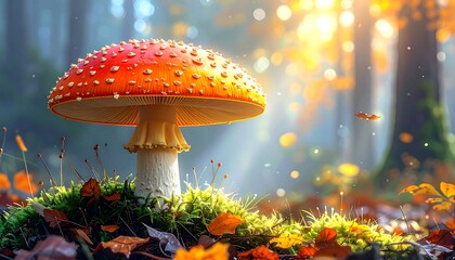 Large red and white spotted mushroom amid moss and fallen leaves in a sunlit forest