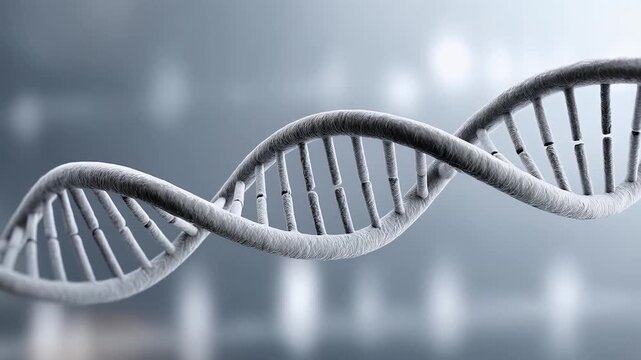 DNA double helix strand with detailed base pairs and twisted ladder shape representing genetics molecular biology science close up view futuristic style gray background medical research biotechnology
