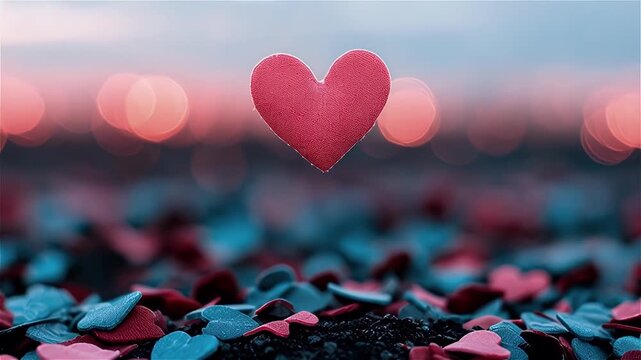 Red heart shape floating softly above scattered blue and red hearts on dark surface with glowing bokeh lights creating romantic love atmosphere filled with soft floating shapes and dreamy glow