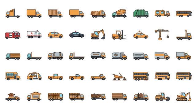 Collection of Various Vehicles and Machinery Icons.