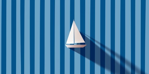 Minimalist art featuring a white sailboat casting shadows on a blue striped background, emphasizing simplicity and nautical themes.