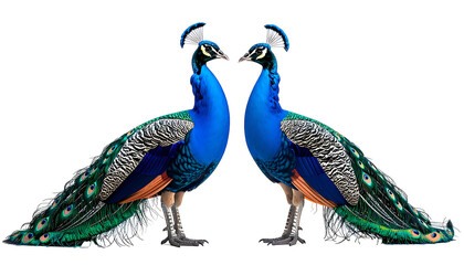 Fototapeta premium Two vibrant peacocks, face to face, display their magnificent, iridescent feathers