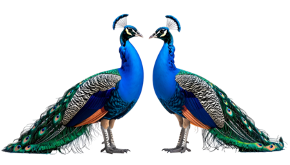 Two vibrant peacocks, face to face, display their magnificent, iridescent feathers