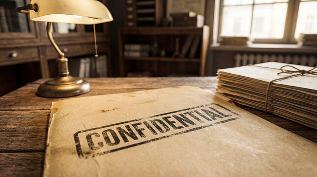 Vintage Office Desk With Stamped Confidential Folder And Stacked Archives In Natural Light