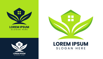Abstract leaf green house real estate logo design template modern minimalist vector illustration