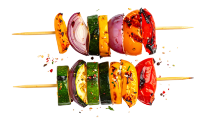 Grilled vegetable skewers with vibrant colors, served on black