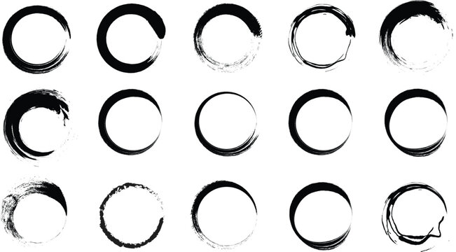 Set of hand drawn black ink brush stroke circles enso zen elements for design projects and logos