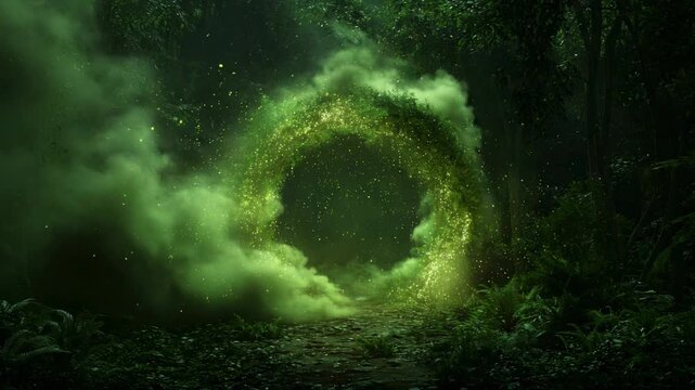 Mysterious glowing green portal in dark forest surrounded by magical fog and leaves in fantasy atmosphere
