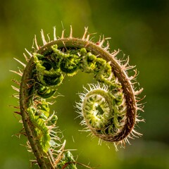 Curly, spiraling fern frond unfurls against a vibrant green bokeh background, lit by soft, diffused natural light