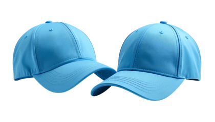 Two turquoise baseball caps with curved brims against a black background