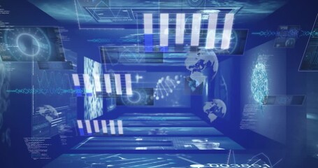 Animation of financial data processing over business people walking in office - Powered by Adobe