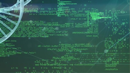 Animation of dna structure and data processing over network of connections on green background - Powered by Adobe