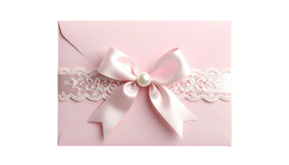 A soft pink envelope adorned with a satin bow, pearl center, and lace accent