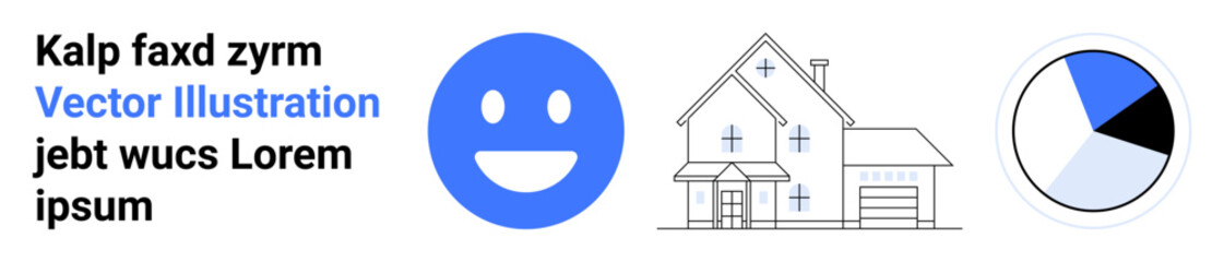 Fototapeta premium Branding, education materials, infographics, presentations, user interfaces, creative projects. Blue happy face, house outline pie chart graphic. Branding and education materials concept