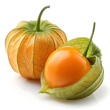Goldenberry Fruit (Physalis Peruviana) Whole and Partially Husked on White Background, Macro Studio Shot, Vibrant Orange and Green