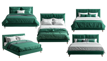 Five images of emerald green beds with various bedding arrangements