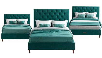 Three emerald green upholstered beds with buttoned headboards, pillows, and bedding