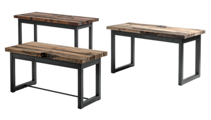 Three rustic benches with weathered wood tops and black metal legs on black background