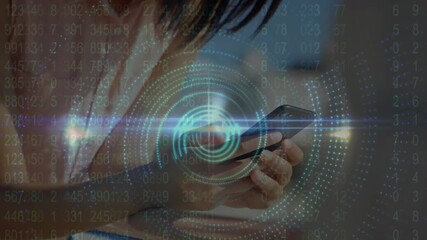 Animation of blue globe and data processing over businesswoman on train talking on smartphone - Powered by Adobe