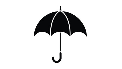 Black umbrella icon with white lines on a plain white background symbolizing protection and weather