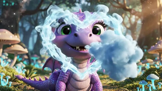 Whimsical baby dragon breathes a captivating heart-shaped cloud of magic, embodying a concept of pure love and enchantment within a glowing fantasy forest scene