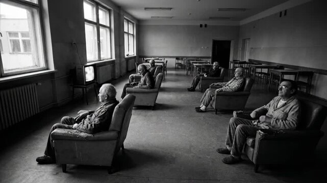 Men in an institutional dayroom watching television, a moment of respite from mental health treatment.