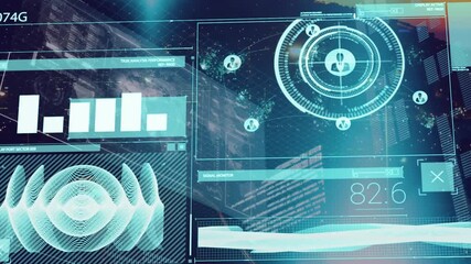 Animation of interface with data processing over aerial view of night cityscape - Powered by Adobe