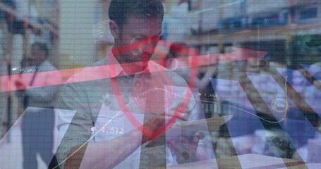 Animation of padlock icon and data processing over caucasian male worker in warehouse - Powered by Adobe