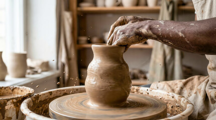 Close-up of hands shaping wet clay on pottery wheel in workshop