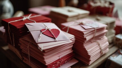 A collection of pink and red envelopes tied with twine, symbolizing love and affection, perfect for romantic themes.