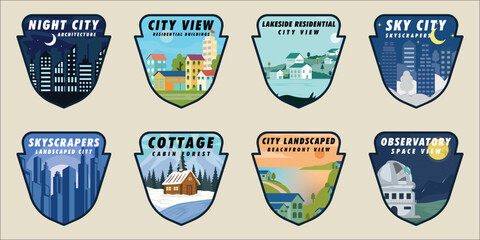 Set of City Landscape and Architecture emblem logo vector illustration template graphic design . bundle collection of various Skyscraper cabin and Waterfront Residential for Travel and Urban Branding