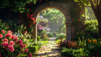 Fototapeta premium A landscaped garden pathway framed by a large stone arch covered in flowers and greenery, paved with rectangular stones and flanked by vibrant tropical blooms, leading through multiple lush arches.