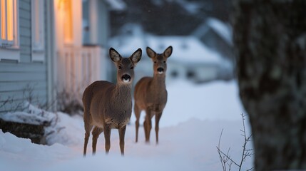 Obraz premium Two deer stand in the snow near a warmly lit house during a tranquil winter evening in a suburban neighborhood.
