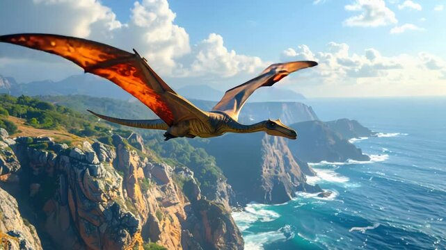 Pterodactyl Flying Over Coastal Cliffs and Ocean, Prehistoric Era