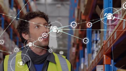 Animation of network of connections with icons over diverse workers in warehouse - Powered by Adobe
