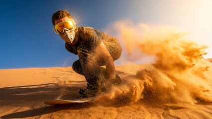 Adventurer Sandboarding on Desert Dune Against Clear Blue Sky at Sunset