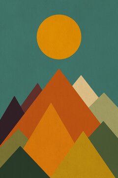 Colorful geometric abstract landscape with mountains and sun