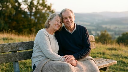 Affectionate Senior Couple Enjoying Sunset Together on Wooden Bench in Scenic Nature Setting