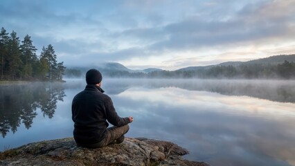 Peaceful Solitary Meditation by Serene Lake at Dawn with Misty Mountains in Background