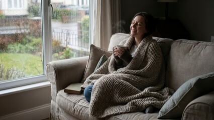 Cozy Evening Indoors with Woman Enjoying Hot Drink and Relaxing by Window on Rainy Day